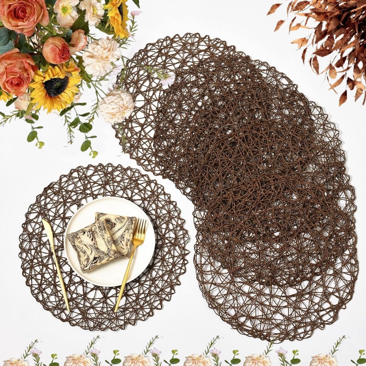 IcosaMro Beige Round Placemats Set of 6 for Dining Table, 15 Inch Paper Woven Boho Decorative Circle Place Mat for Wedding Christmas Thanksgiving Day Holiday Dinner, Beige