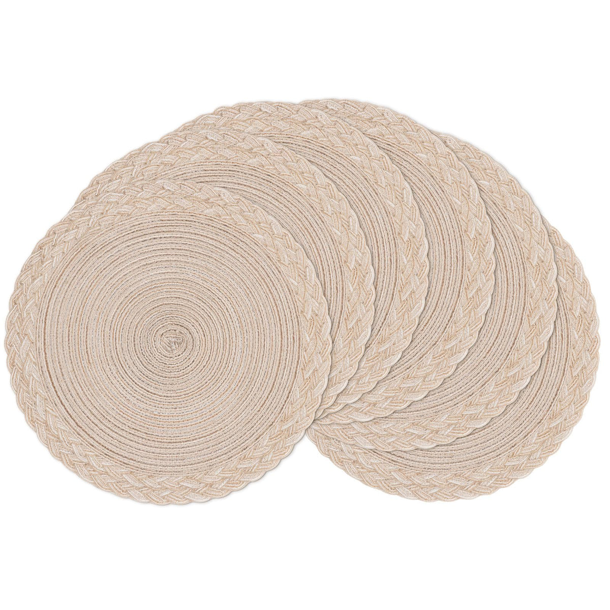 SHACOS 15 inch Round Placemats Set of 6 Boho Woven Braided Border Table Mats Washable Heat Resistant Circle Place Mats for Dining Table, Beige