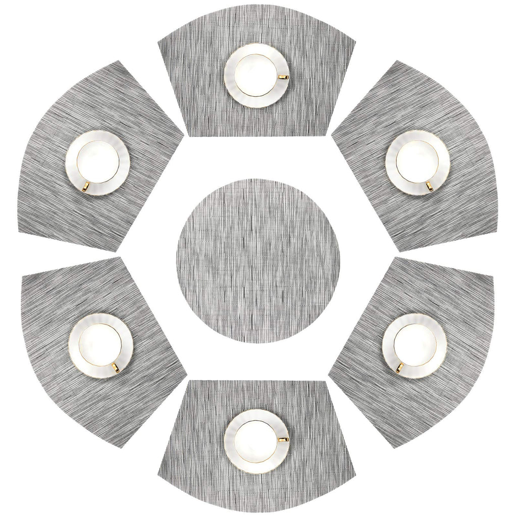 SHACOS Small Round Table Placemats Set of 5 Woven Vinyl Wedge Placemats with Centerpiece Round Table Mats Heat Resistant Wipe Clean (5, Black Gray)