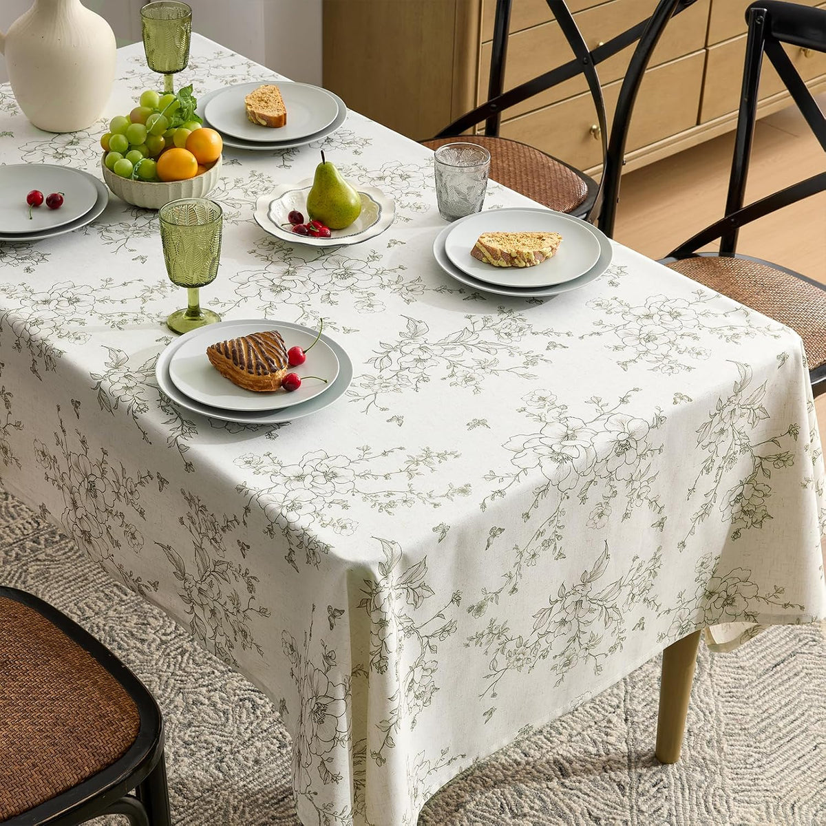 French Floral Tablecloths Rectangular Linen Table Cloth with Green Flowers