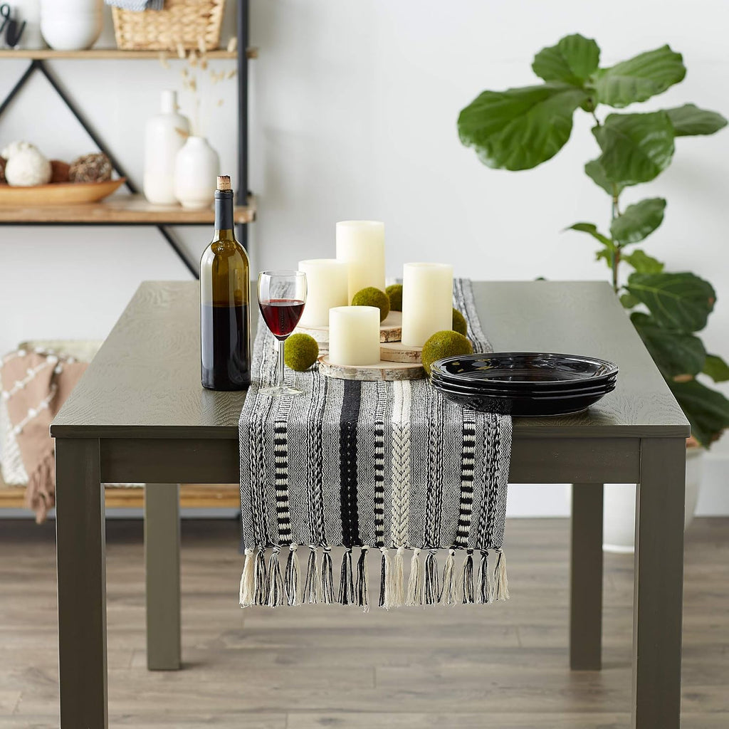 DII Braided Stripe Table Runner, 15x72 with 2.5" Fringe, Black