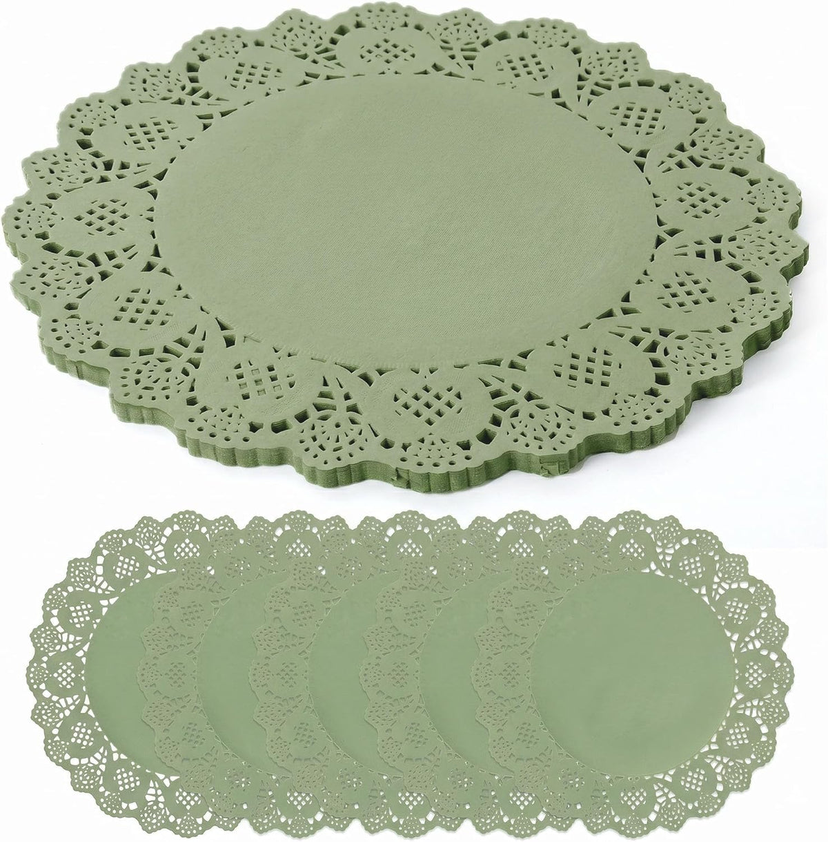 100 Pack 13.5 Inch Round Sage Green Paper Doilies, Disposable Lace Placemat