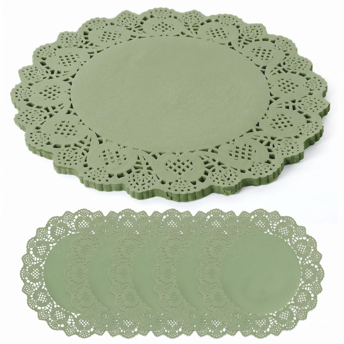 100 Pack 13.5 Inch Round Sage Green Paper Doilies, Disposable Lace Placemat