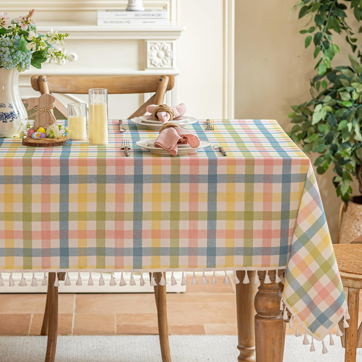 JIALE Gingham Tablecloth Rectangle Cotton Linen Fabric Checkered Table Cloth with Tassel Washable Wrinkle Free Buffalo Plaid Table Cover for Birthday Party Picnic Outdoor, Pink, 55x75