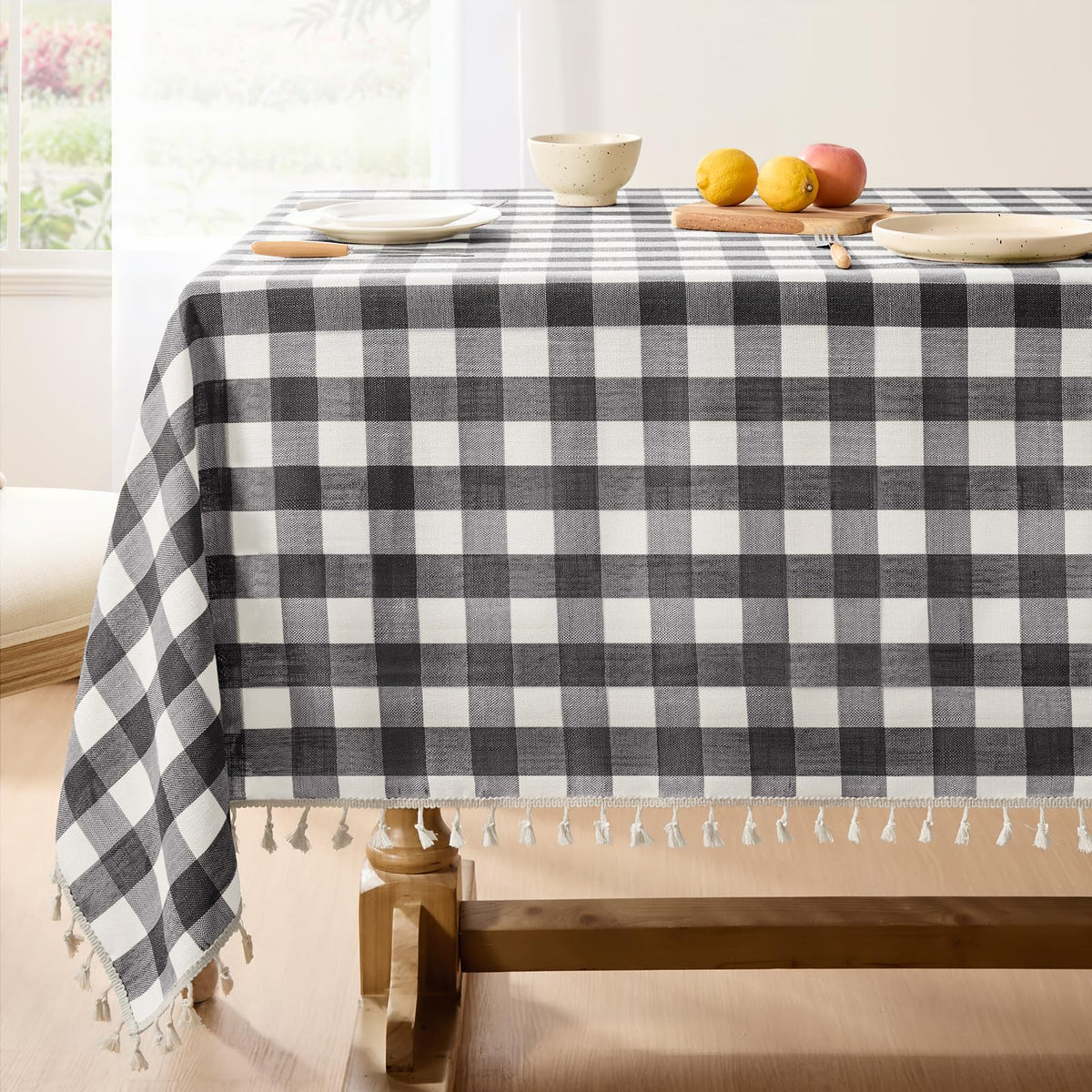 Softalker Fall Gingham Rectangle Tablecloth with Tassel, Orange, 55" x 84"