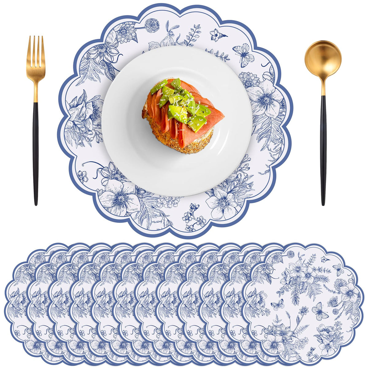 60 Pcs Pink Floral Paper Placemat, 13.5 Inch Disposable Scalloped Table Mat