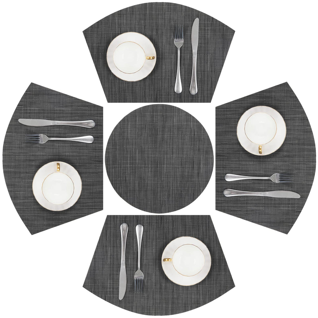 SHACOS Small Round Table Placemats Set of 5 Woven Vinyl Wedge Placemats with Centerpiece Round Table Mats Heat Resistant Wipe Clean (5, Black Gray)