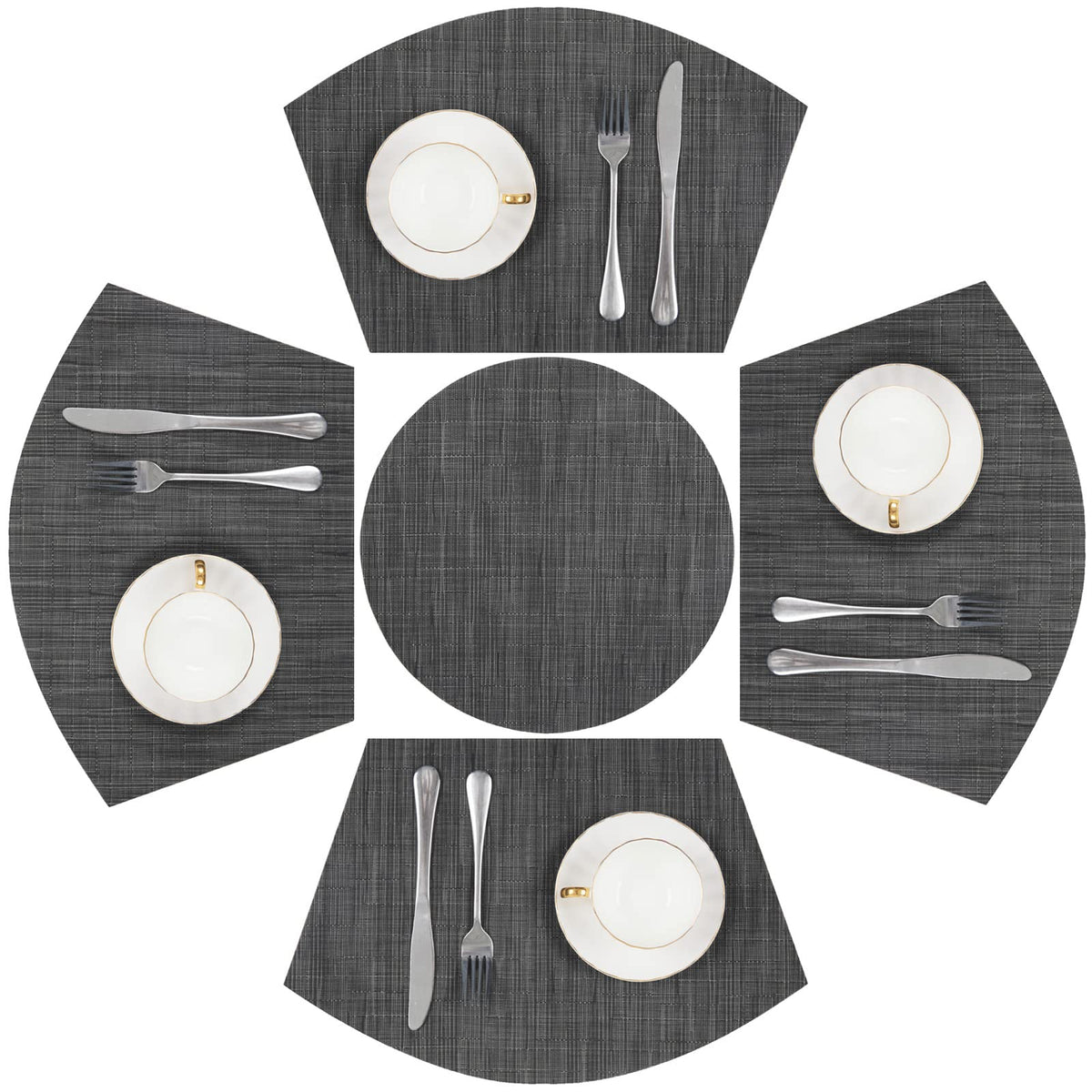 SHACOS Small Round Table Placemats Set of 5 Woven Vinyl Wedge Placemats with Centerpiece Round Table Mats Heat Resistant Wipe Clean (5, Black Gray)