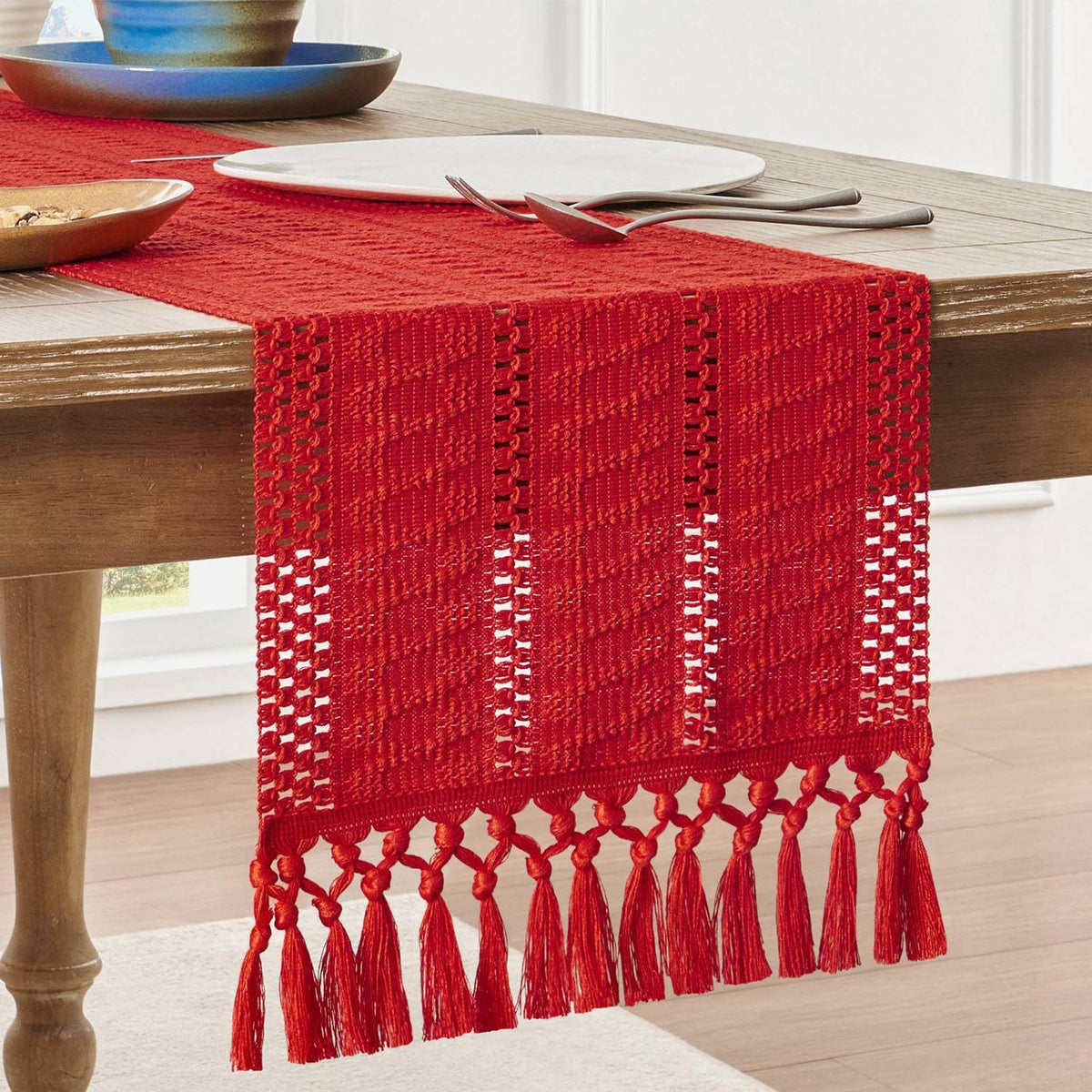 ZeeMart Macrame Style Boho Table Runner, 12x72 Inch Ivory