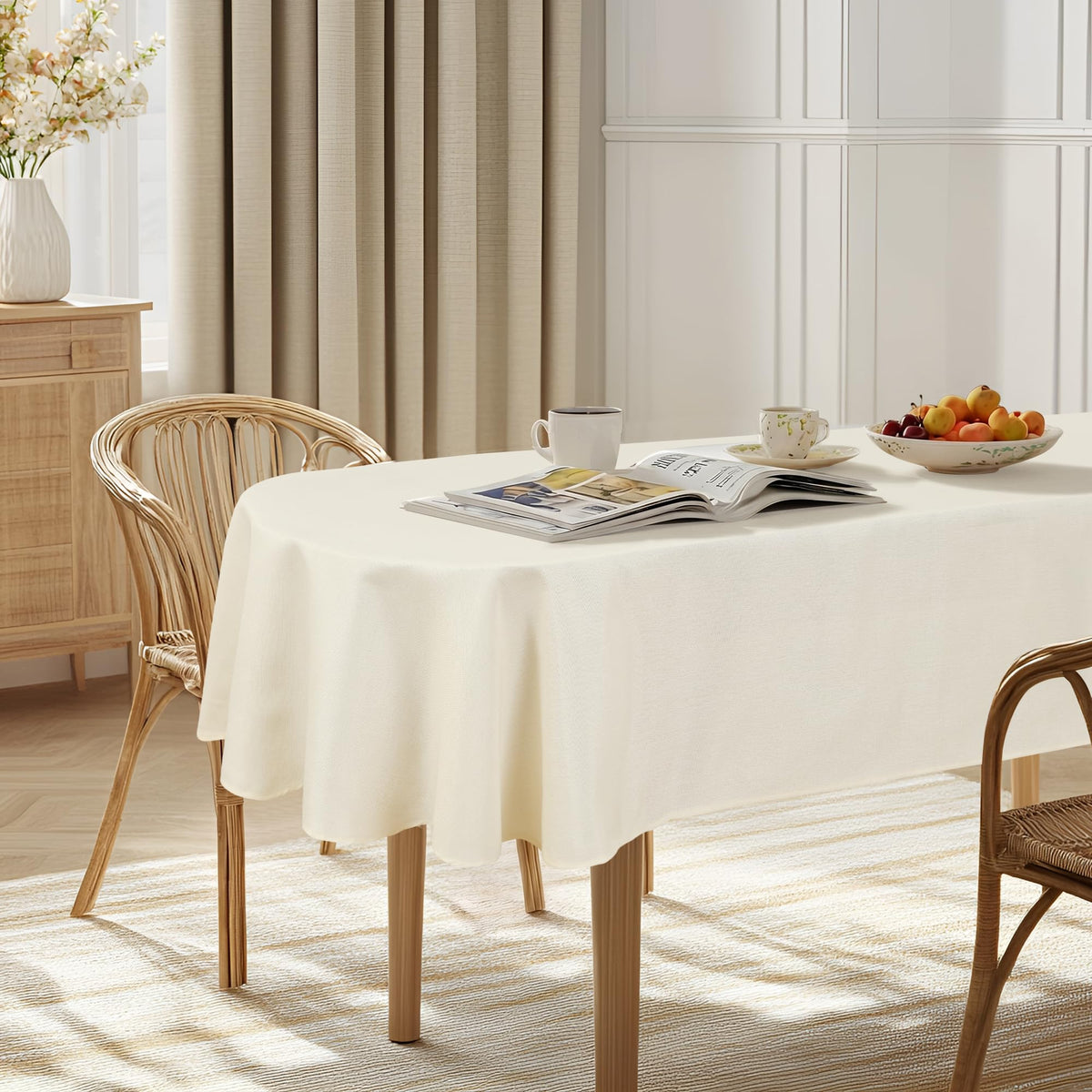 JIUZHEN Round Table Cloth Faux Linen Farmhouse Tablecloth Wrinkle and Stain Resistant Decorative Fabric Table Cover for Kitchen, Dining Room, Parties and Camping, Beige, 90 Inch Round