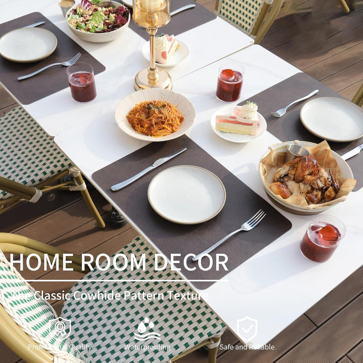 Cowhide Pattern Faux Leather Placemats Set of 6,Heat Resistant Non-Slip Waterproof Wipeable Washable Kitchen Dining PU Table Place Mats,Double-Sides Available,Black Brown