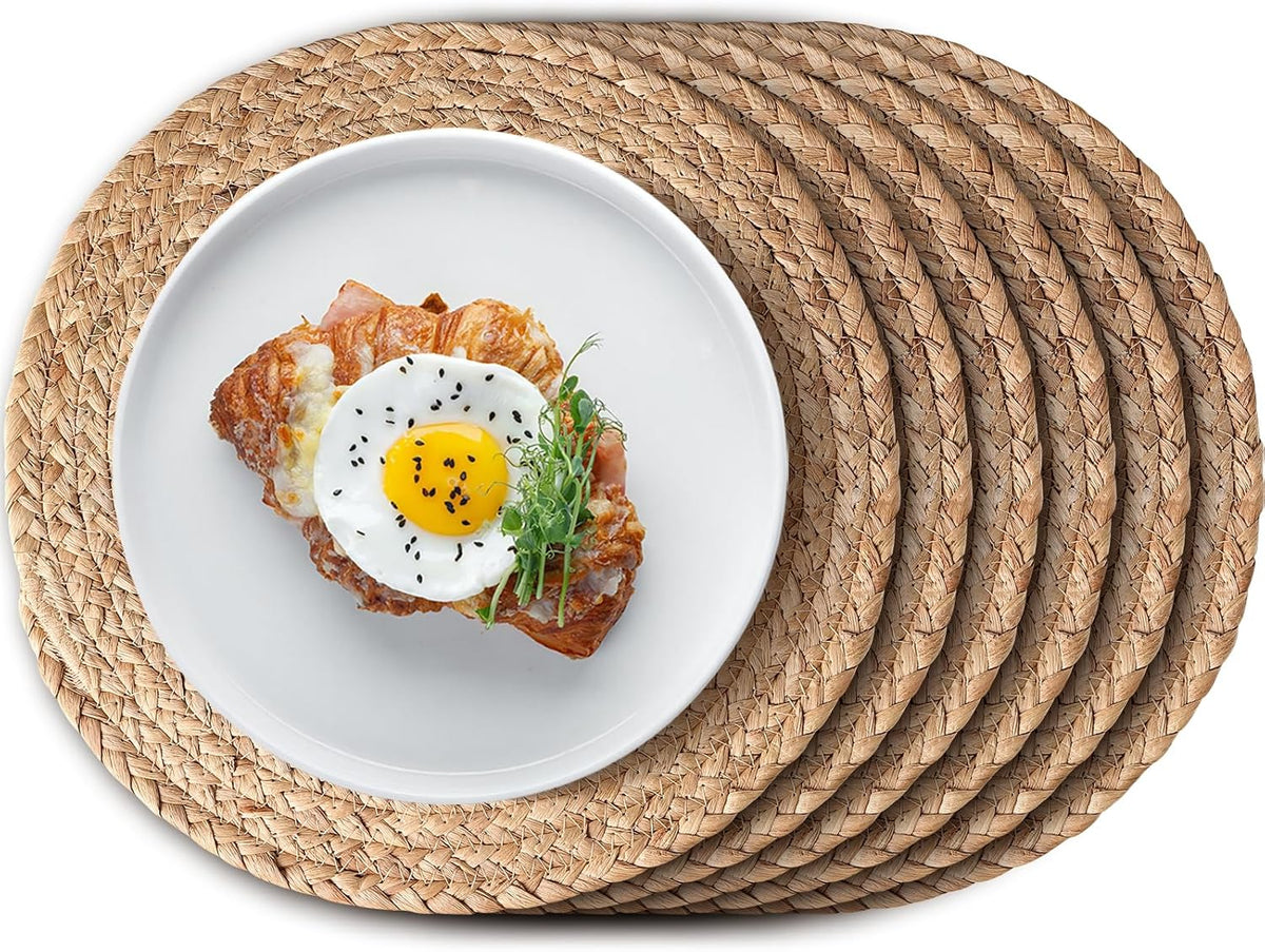 Aofmee 12 inch Round Woven Placemats Set of 6, Boho Rattan Place Mats, Natural Water Hyacinth Table Placemats, Farmhouse Weave Table Mats, Rustic Braided Wicker Charger Plates for Dining Table Decor