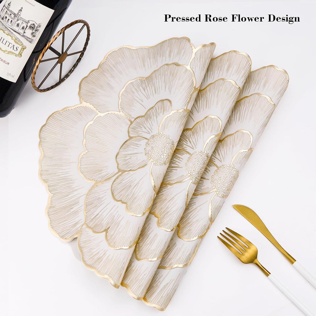Placemats Set of 8, Gold Place Mats Pressed Rose Flowers Round Table Mats