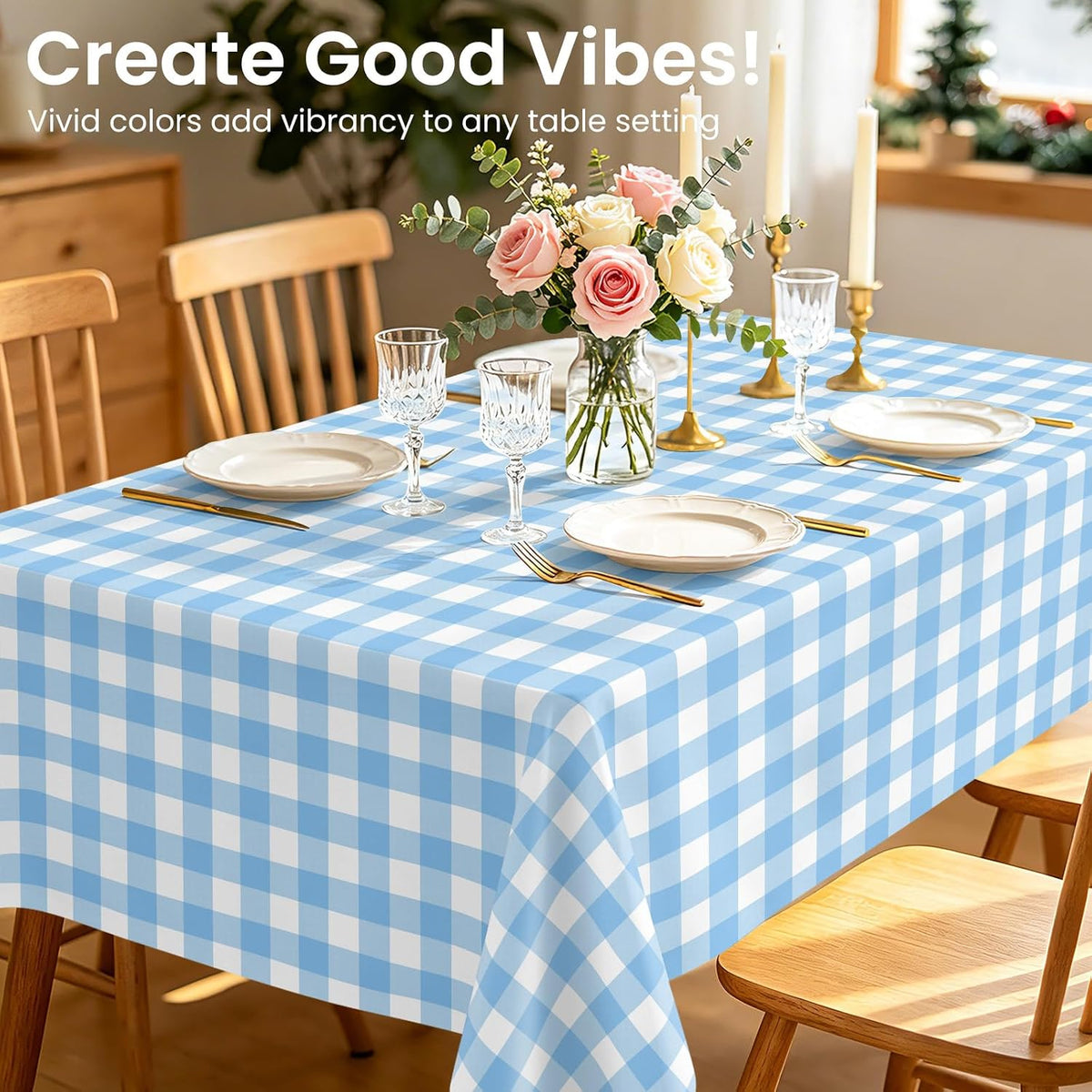 6 Pack Disposable Blue Gingham Plastic Tablecloth, 54 x 108 Inch