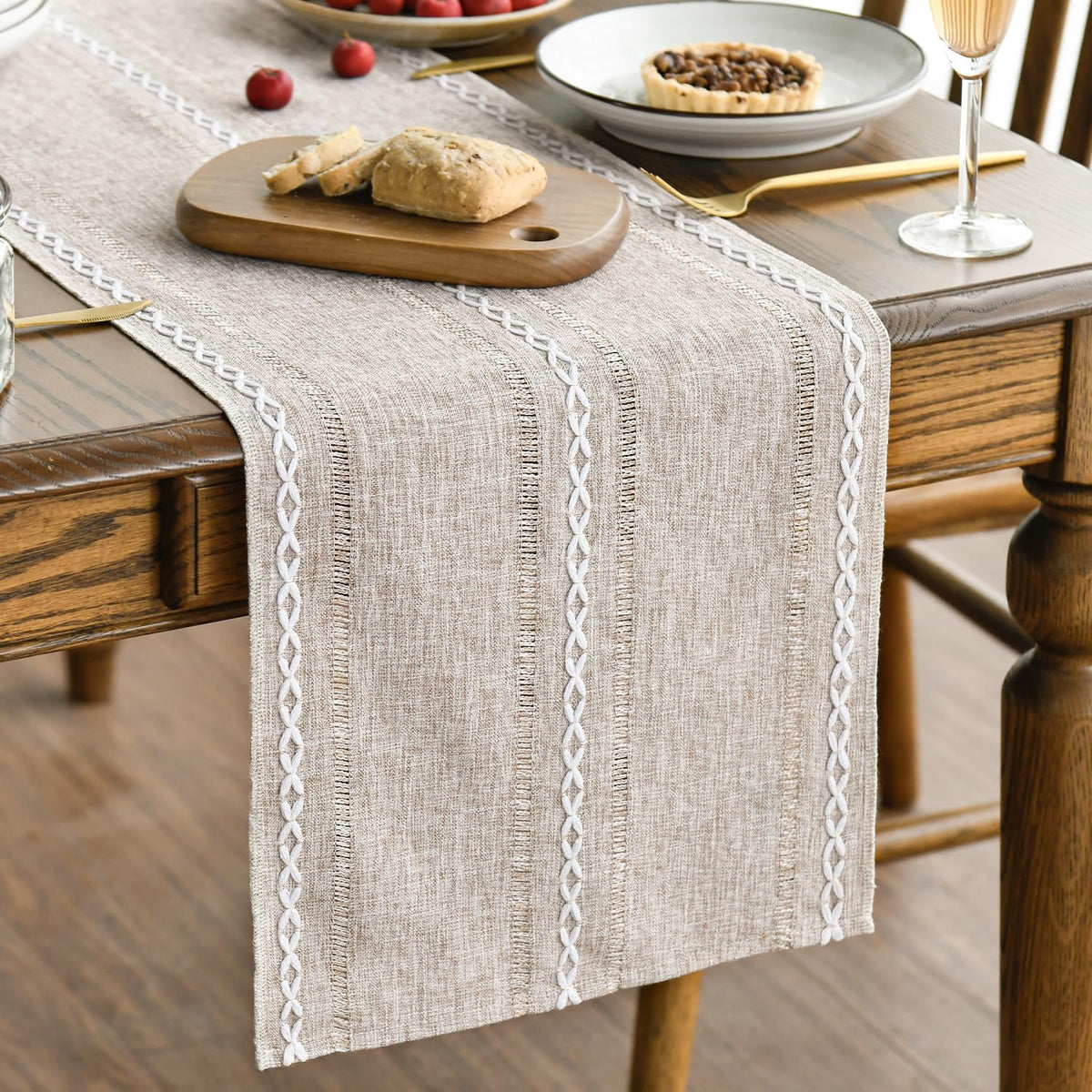 Artoid Mode Sage Green Rustic Cotton Linen Table Runner, Seasonal Embroidered Hollow Kitchen Dining Table Decoration for Home Party Decor 13x72 Inch