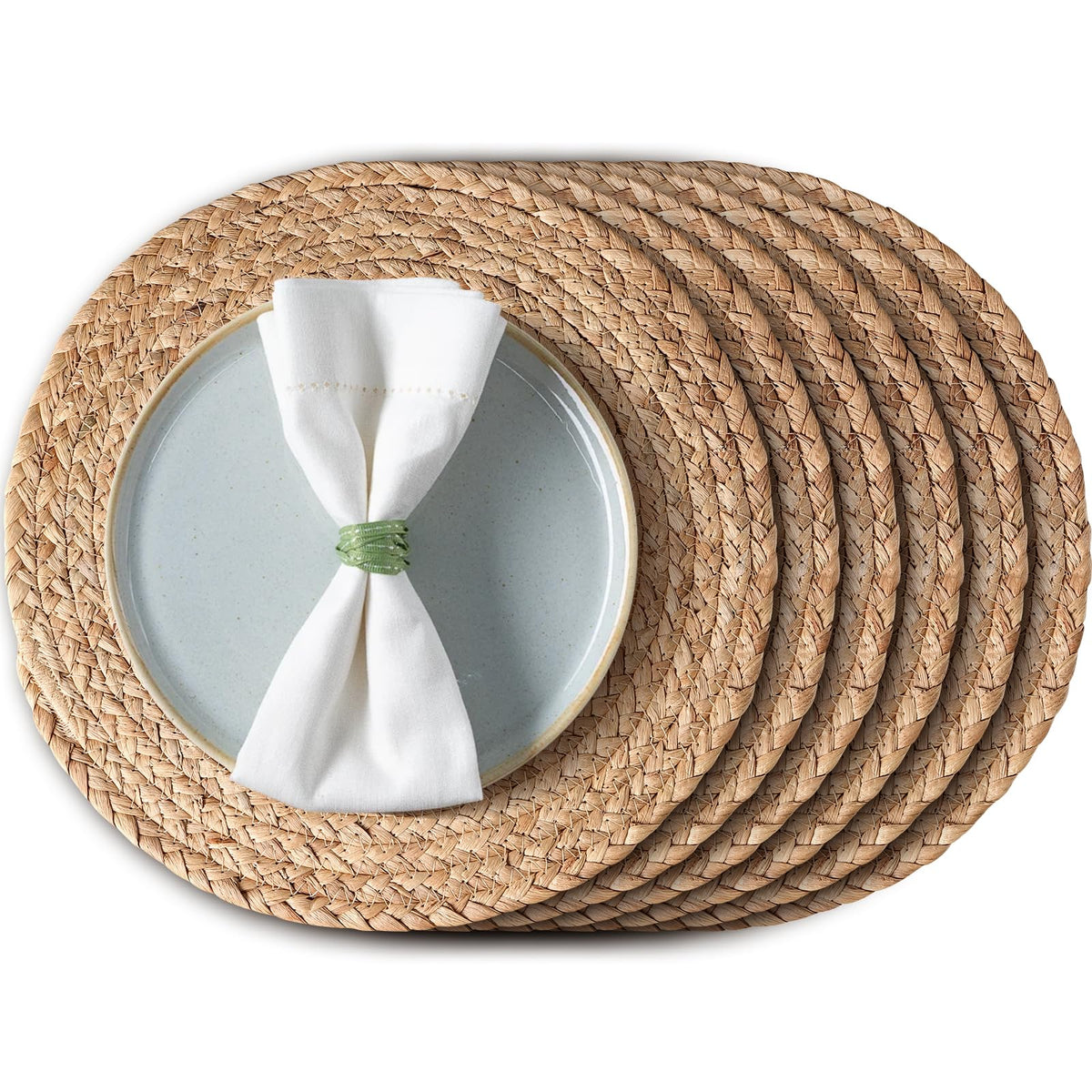 Aofmee 12 inch Round Woven Placemats Set of 6, Boho Rattan Place Mats, Natural Water Hyacinth Table Placemats, Farmhouse Weave Table Mats, Rustic Braided Wicker Charger Plates for Dining Table Decor