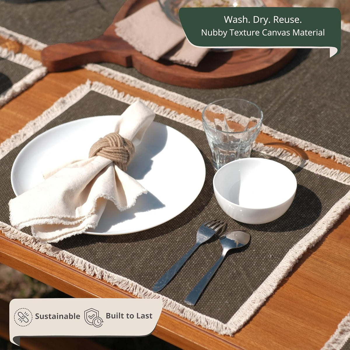 Hausattire Cotton Frayed Placemats Set of 4 Dining Table 14x14 Inch | Rustic Vintage Boho Washable Easter Placemat for Outdoor Parties BBQ's Wedding, Holiday, Special Occasions, Nubby Cotton - Brown
