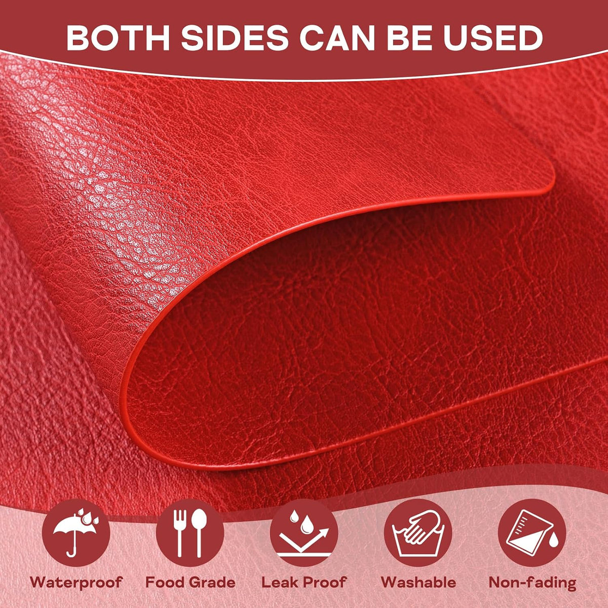 Faux Leather Placemats Set of 6, Washable Place Mats, Vinyl Placemats Wipeable Waterproof Oil-Proof Heat Resistant PU Table Mats for Dining, Kitchen, Hotel,43 * 30cm,Red