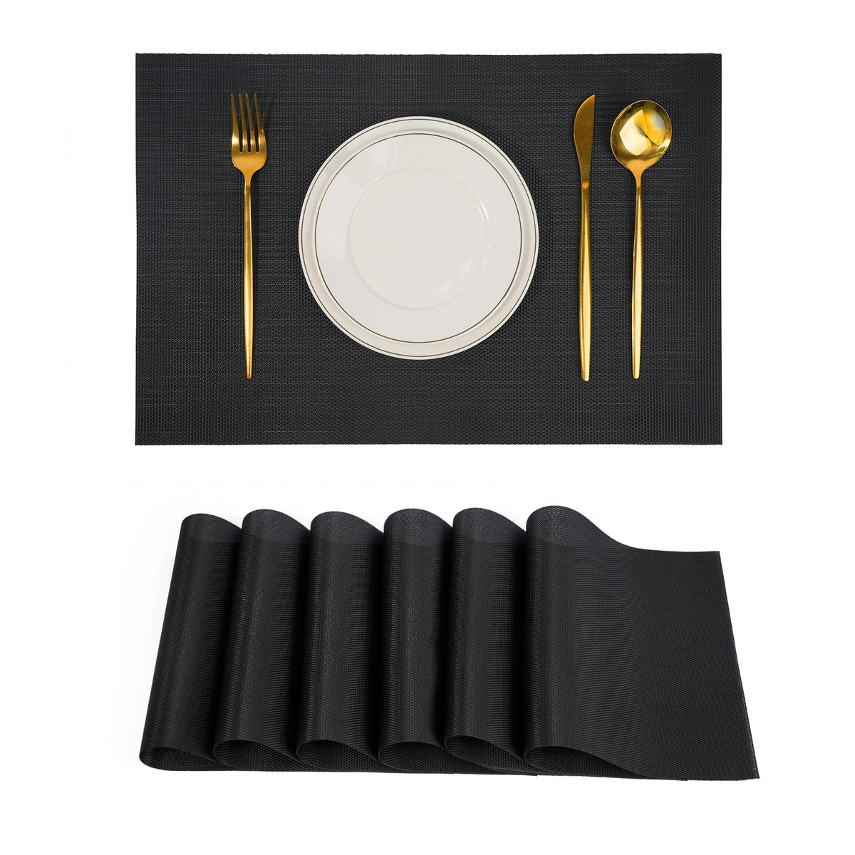Placemats Set of 6，Non-Slip PVC Weave Table Mats Easy to Clean，Heat Resistant Place Mats for Kitchen Dining Table Decoration Indoor Outdoor，Black Gray