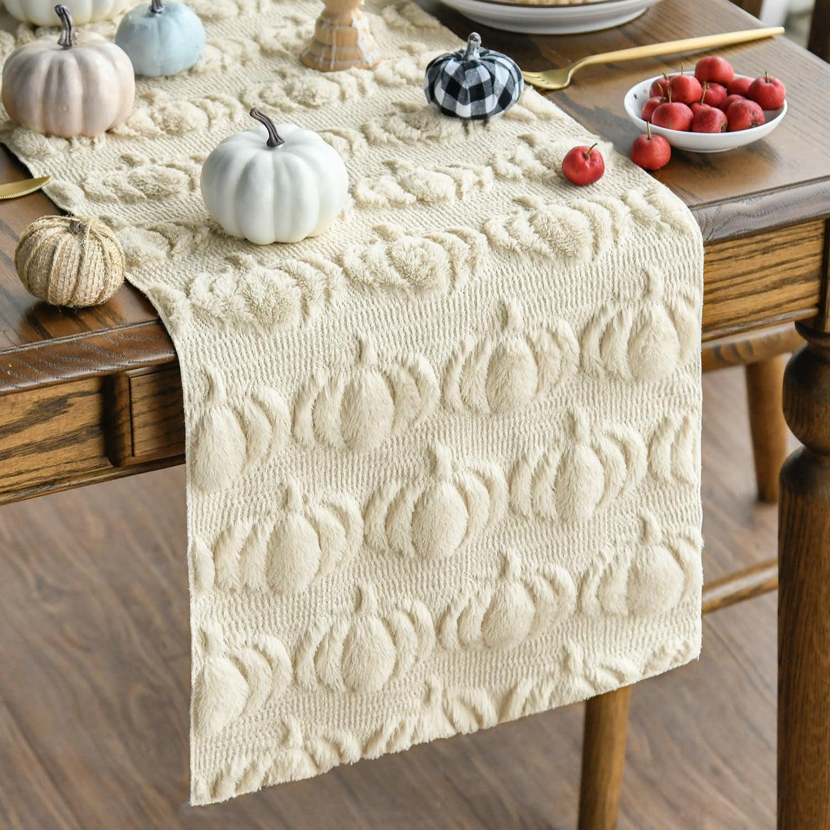 Artoid Mode Beige Soft Faux Fur Pumpkins Fall Table Runner 13x36 Inch