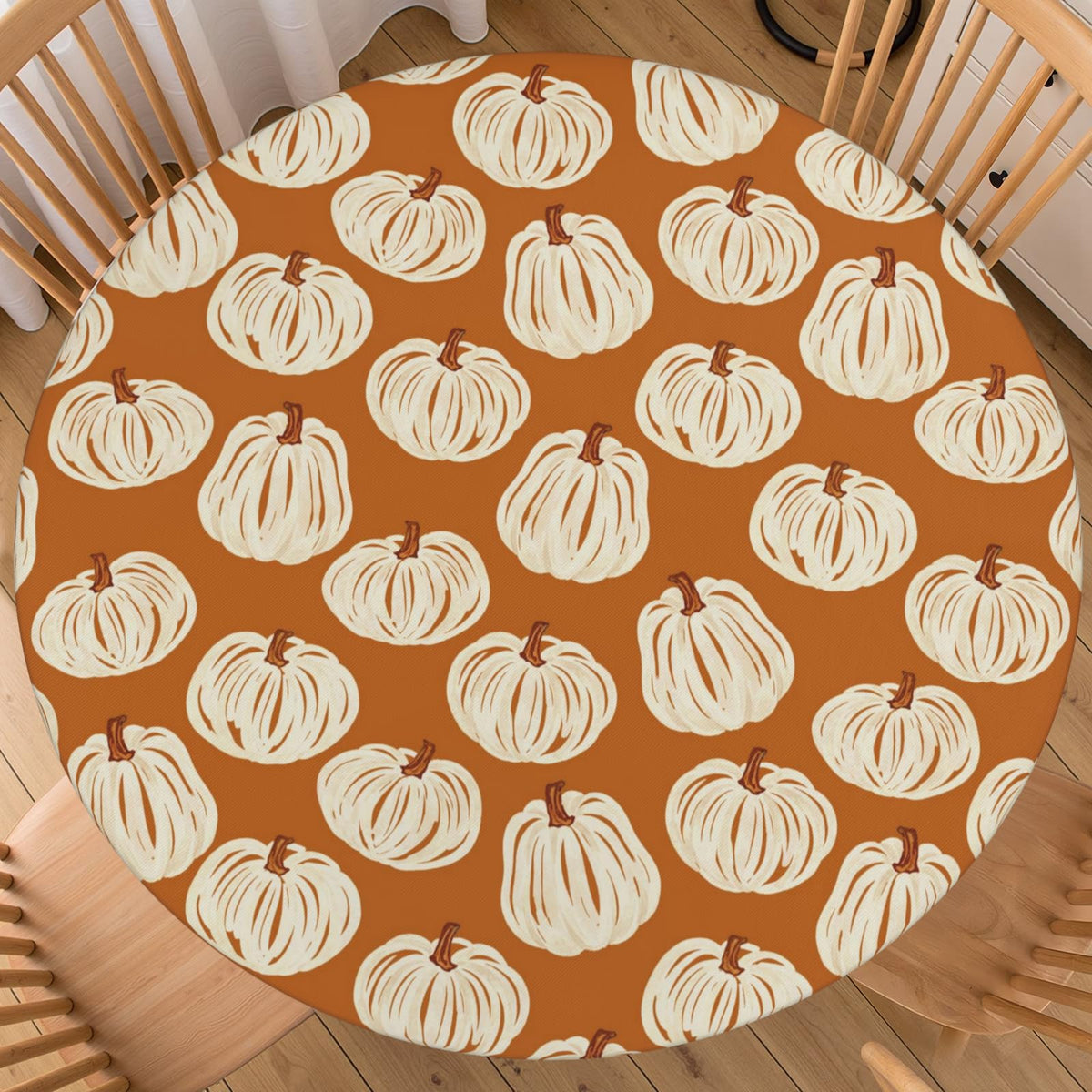 Fall Round Fitted Tablecloth with Elastic for 44-48 Inch Tables Blue Orange Pumpkin Leaves Autumn Thanksgiving Fitted Table Cover Waterproof Harvest Themed Farmhouse Indoor Outdoor Patio Picnic Party