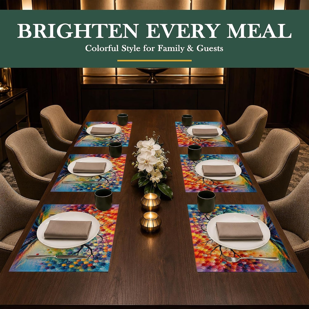 Colorful Tree of Life Dining Table Placemats Watercolor Abstract Place Mats