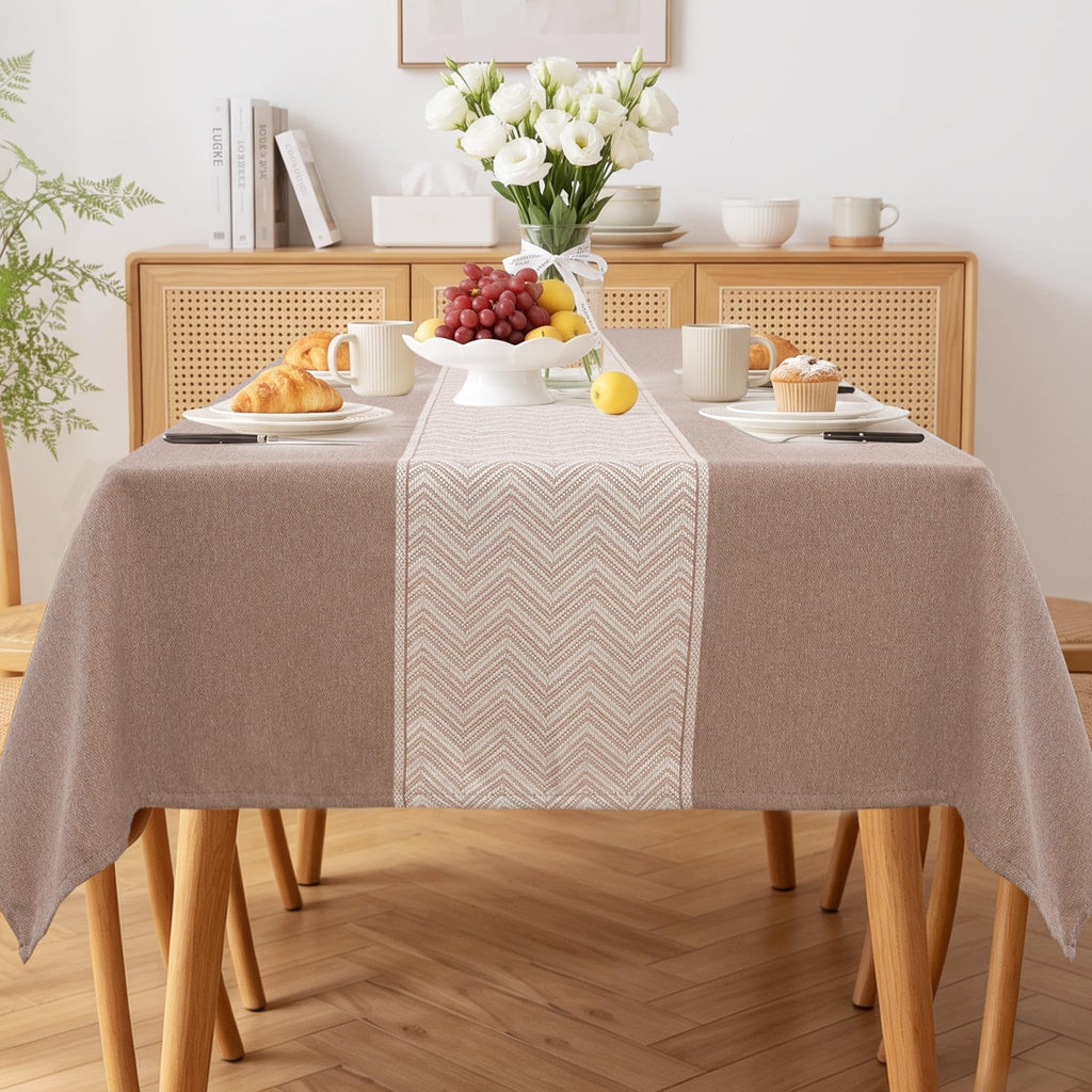 JIUZHEN Round Table Cloth Faux Linen Farmhouse Tablecloth Wrinkle and Stain Resistant Decorative Fabric Table Cover for Kitchen, Dining Room, Parties and Camping, Beige, 90 Inch Round