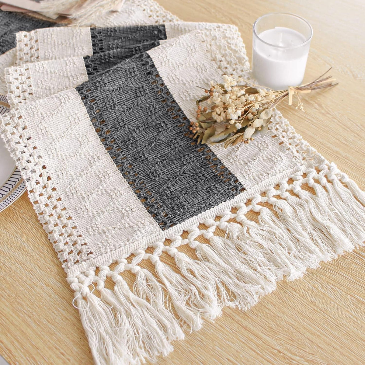 FEXIA Boho Table Runner for Fall Home Decor 12x72 Rustic with Tassels