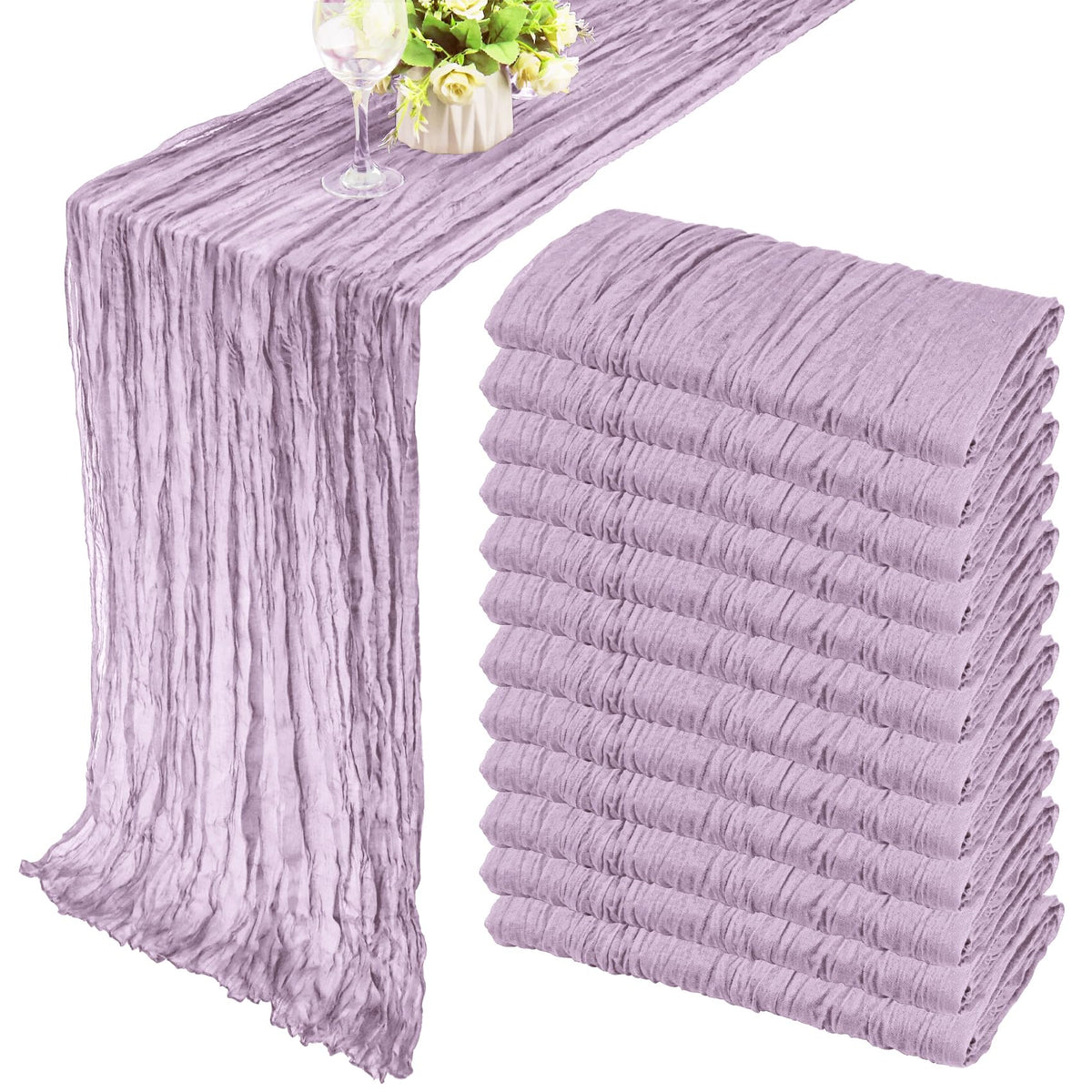 12 Pack 10Ft Cheesecloth Table Runner 35x120 Inch Boho Gauze Rustic Cheese Cloth Long Romantic Table Runner for Wedding Bridal Shower Birthday Party Table Decor (Beige)