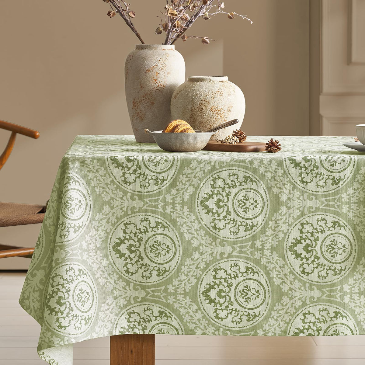 French Floral Tablecloths Rectangular Linen Table Cloth with Green Flowers
