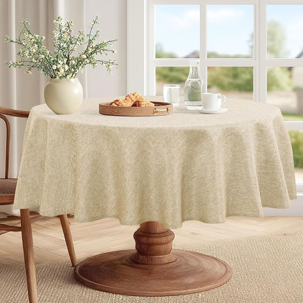JIUZHEN Round Table Cloth Faux Linen Farmhouse Tablecloth Wrinkle and Stain Resistant Decorative Fabric Table Cover for Kitchen, Dining Room, Parties and Camping, Beige, 90 Inch Round