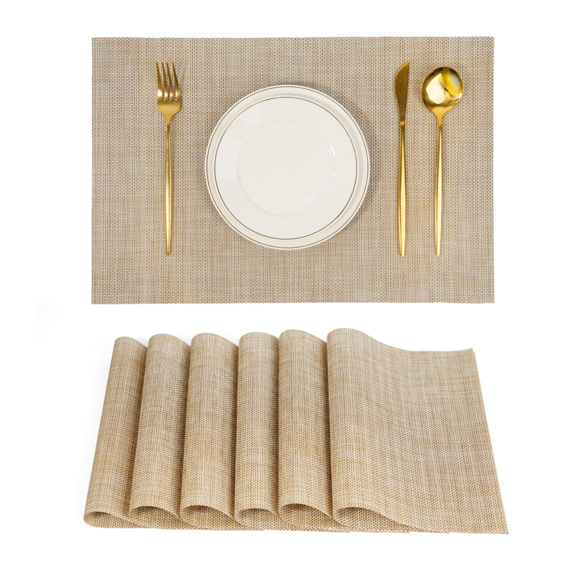 Placemats Set of 6，Non-Slip PVC Weave Table Mats Easy to Clean，Heat Resistant Place Mats for Kitchen Dining Table Decoration Indoor Outdoor，Black Gray