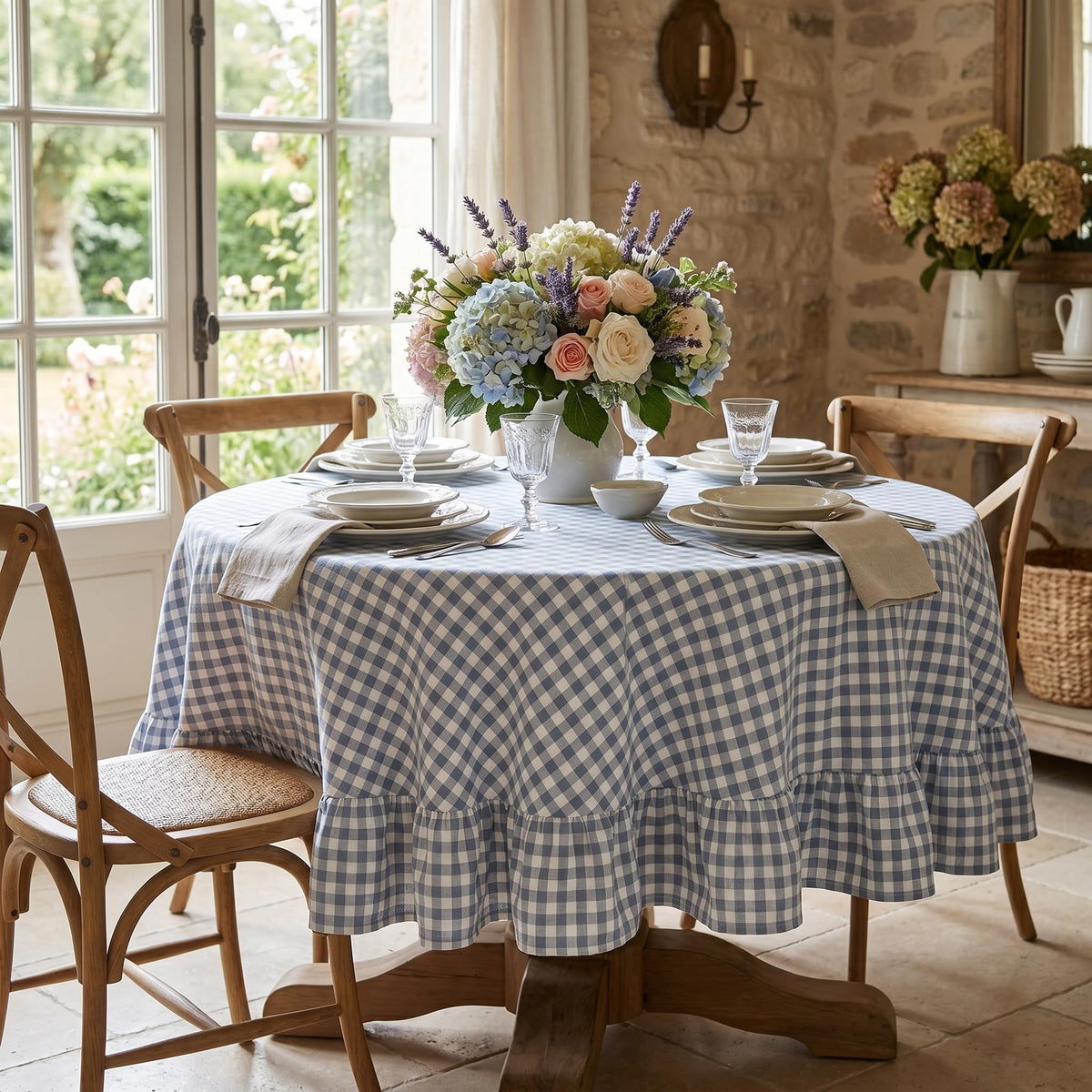 PartyDelight Gingham Ruffle Tablecloth Butter Yellow Washed Cotton Checkered Rectangular Table Cover for Farmhouse Kitchen Cute Cottagecore Birthday Party Decor, Soft Vintage (60x102 Fits 6-9 Seats)