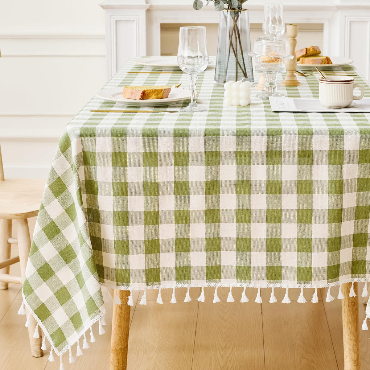 JIALE Gingham Tablecloth Rectangle Cotton Linen Fabric Checkered Table Cloth with Tassel Washable Wrinkle Free Buffalo Plaid Table Cover for Birthday Party Picnic Outdoor, Pink, 55x75