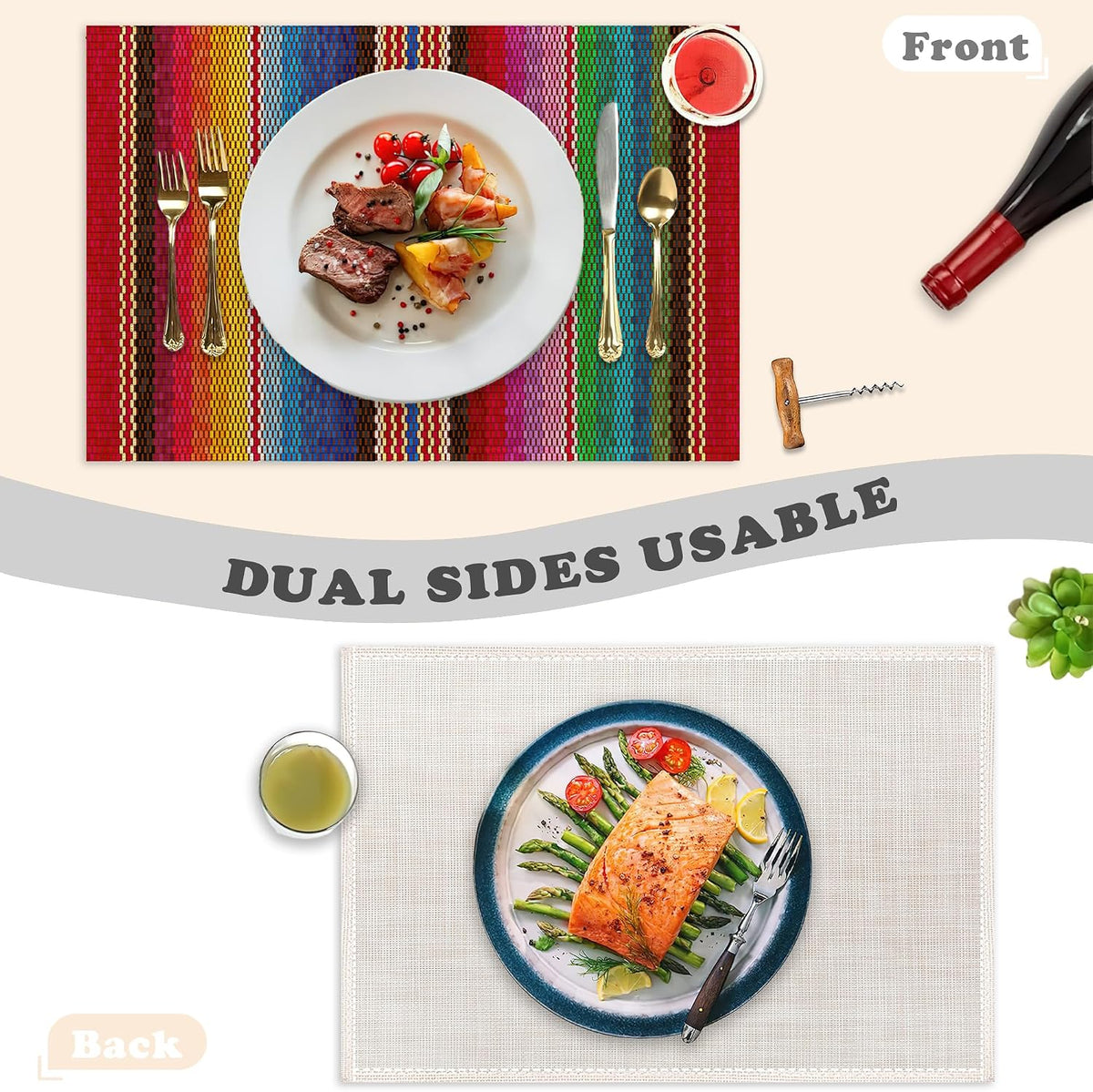 Mexican Placemats for Dining Table Set of 6,Ethnic Stripes Rainbow Place Mats for Home Party Kitchen Indoor Holiday Rustic Washable Heat Resistant Table Mats 12 x 18 Inch