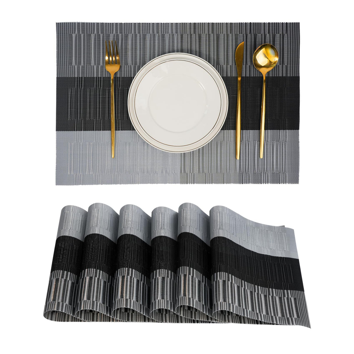 Placemats Set of 6，Non-Slip PVC Weave Table Mats Easy to Clean，Heat Resistant Place Mats for Kitchen Dining Table Decoration Indoor Outdoor，Black Gray