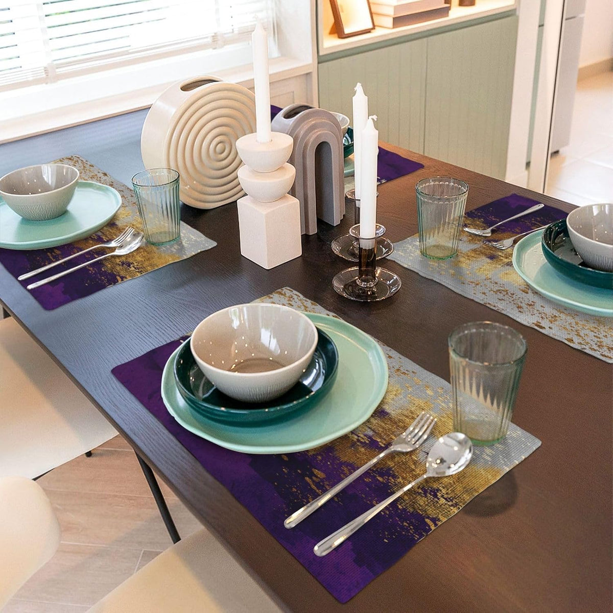 Purple Gold Abstract Linen Placemats Set of 4, Heat Resistant Wipeable Purple Place Mats for Kitchen Dining Table Holiday Wedding Party Outdoor Farmhouse Gardening, Kitchen Home Decor, 12 x 18 Inch