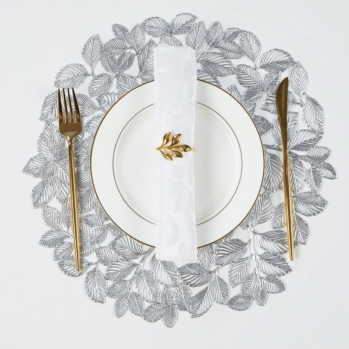 Gold Leaf Placemats Set of 8 Metallic Round Table Placemats