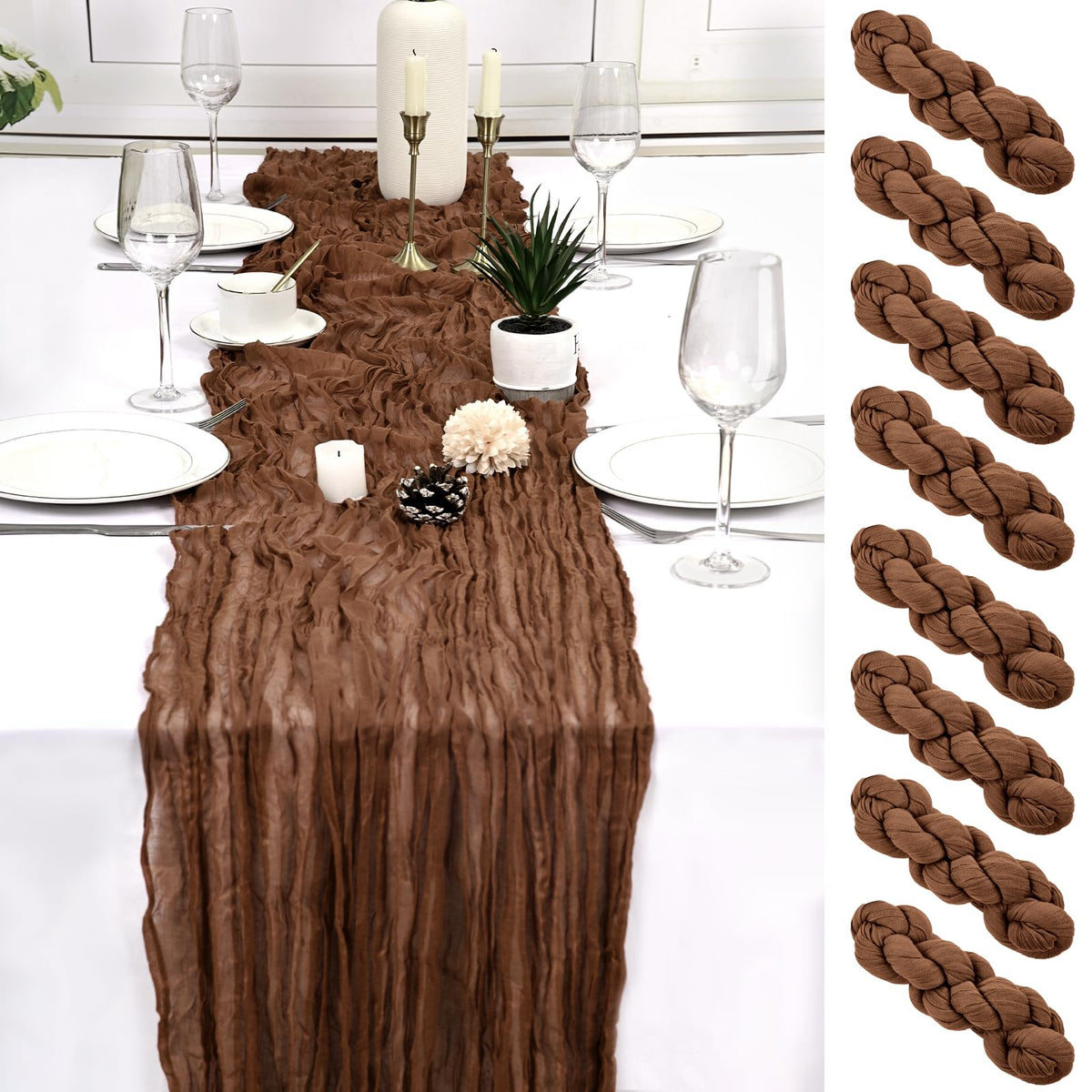 8 Pack Brown Cheesecloth Table Runner 17x108 inch Boho Gauze Cheese Cloth Table Runners for Wedding Party Baby Bridal Shower Home Decor