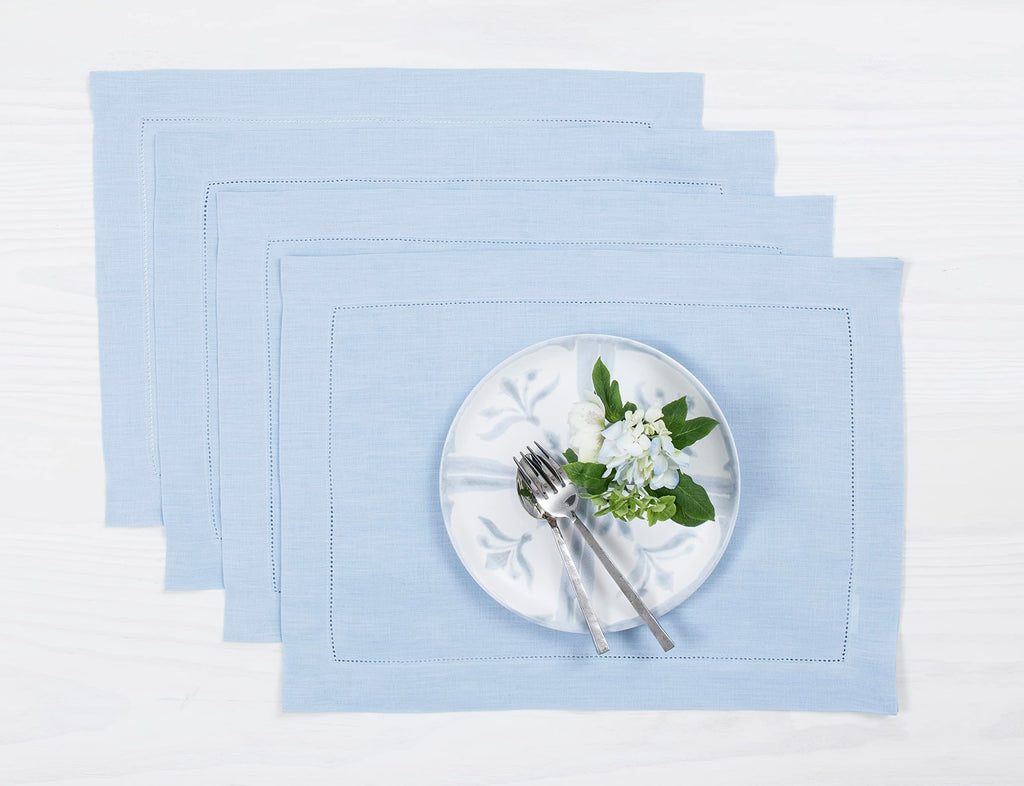 Solino Home 100% Pure Linen Placemats Green Hemstitch, 14 x 19 in, Set of 4