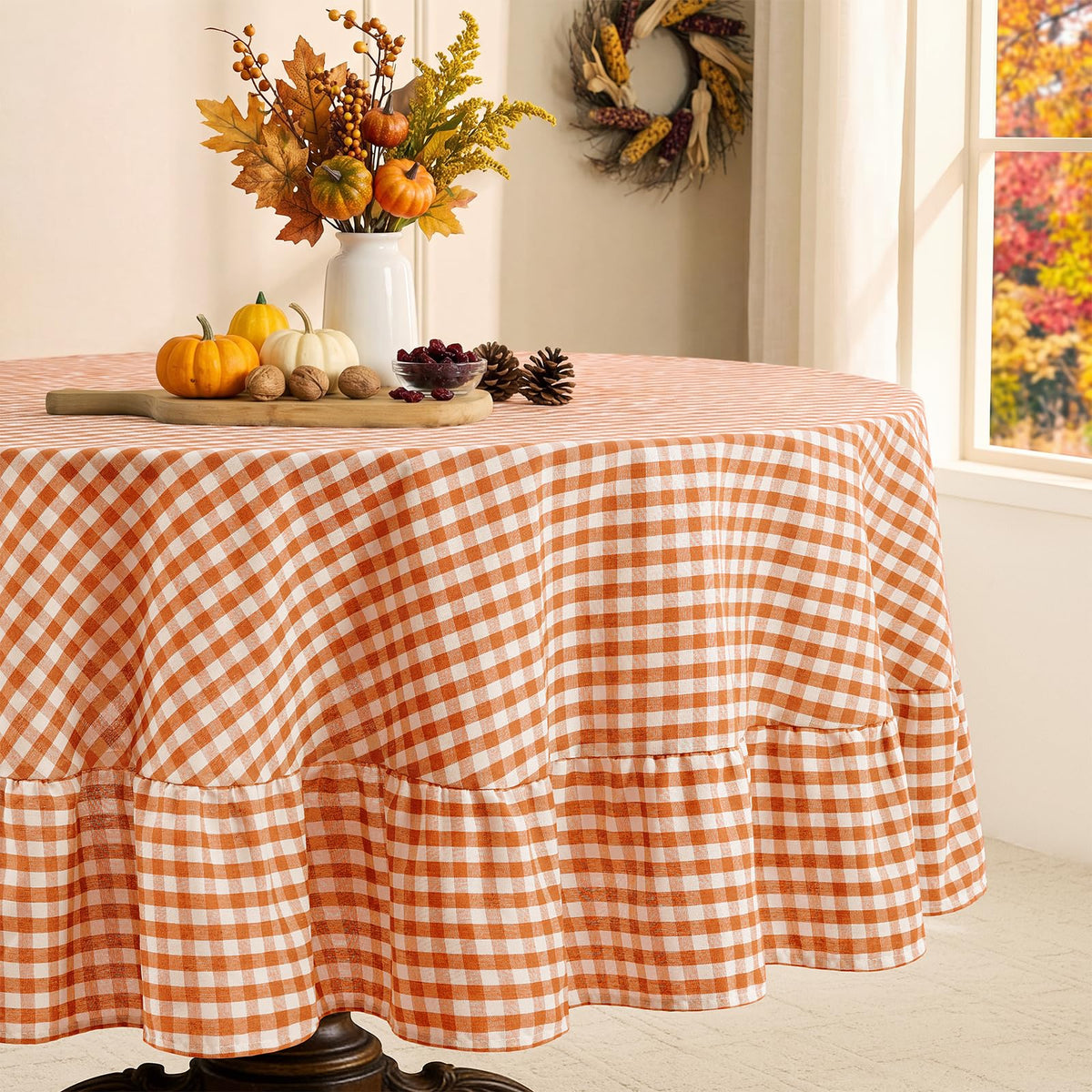 Romanstile Fall Gingham Ruffled Tablecloth Rectangle, 60 x 84 Inch Orange