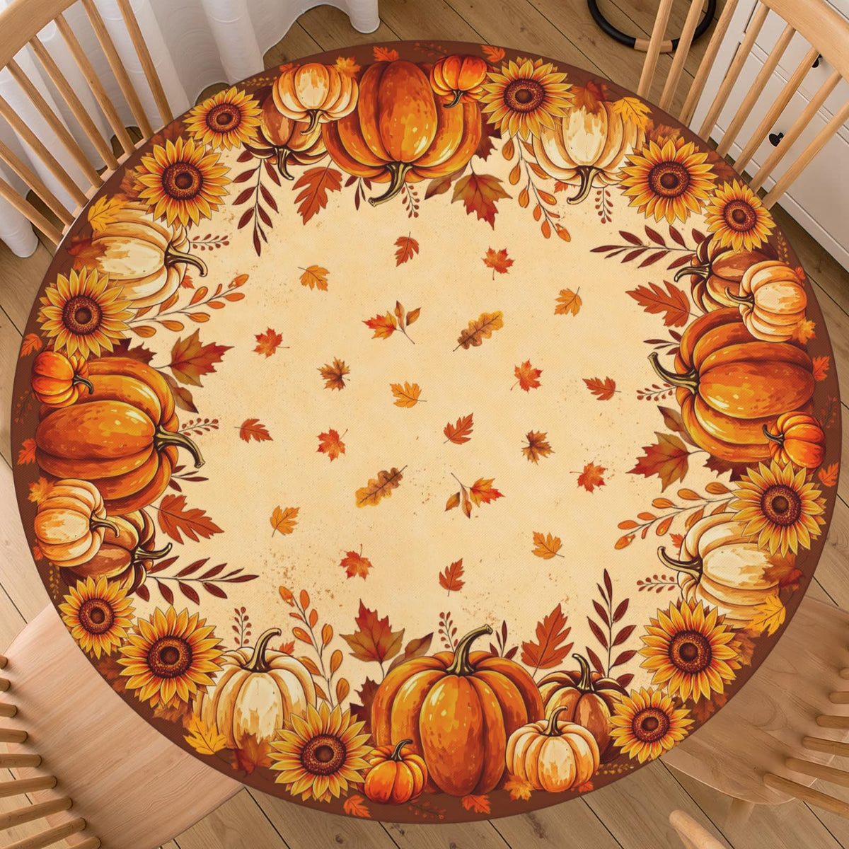 Fall Round Fitted Tablecloth with Elastic for 44-48 Inch Tables Blue Orange Pumpkin Leaves Autumn Thanksgiving Fitted Table Cover Waterproof Harvest Themed Farmhouse Indoor Outdoor Patio Picnic Party