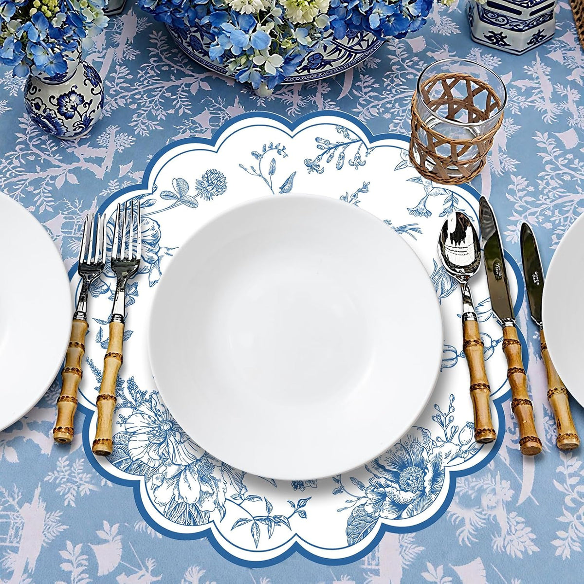 50 PCS Blue Floral Paper Placemats, 13.5 Inch Paper Placemats Disposable with Butterfly and Flowers Print, for Summer Wedding Decor Birthday Wildflower Party, Banquet Table Settings