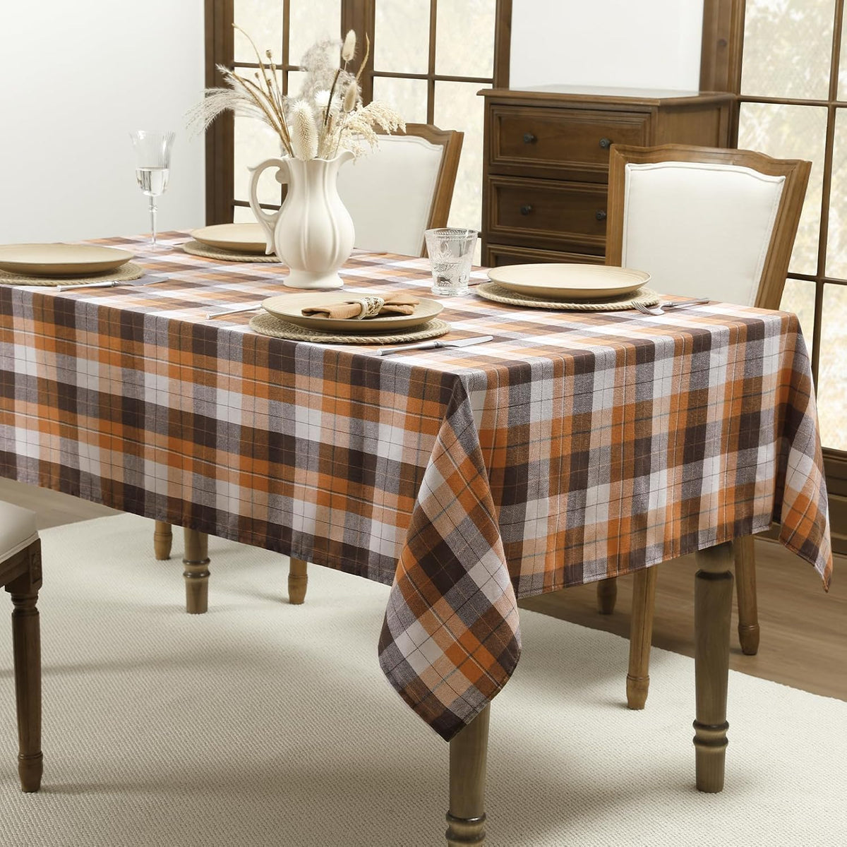 Romanstile Fall Checkered Tablecloth Rectangle, 54 x 80 Inch, Brown