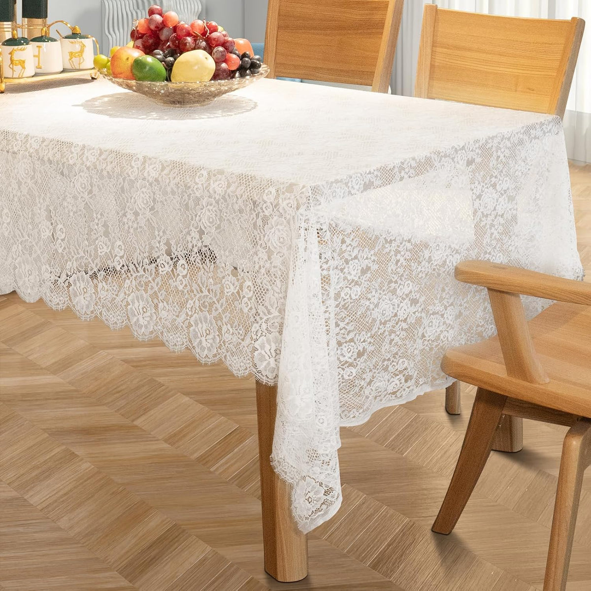 White Lace Tablecloth 60"x120" - Vintage Boho Rectangle Overlay for Rustic Weddings, Bridal Showers, and Stylish Party Decor (White)