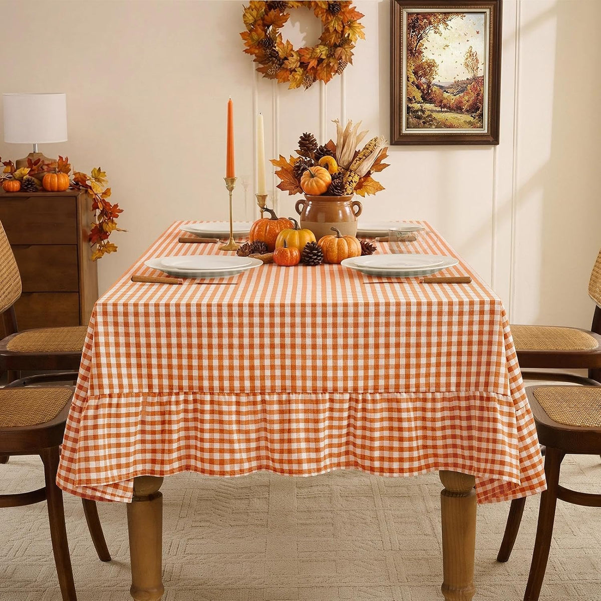 Romanstile Fall Gingham Ruffled Tablecloth Rectangle, 60 x 84 Inch Orange