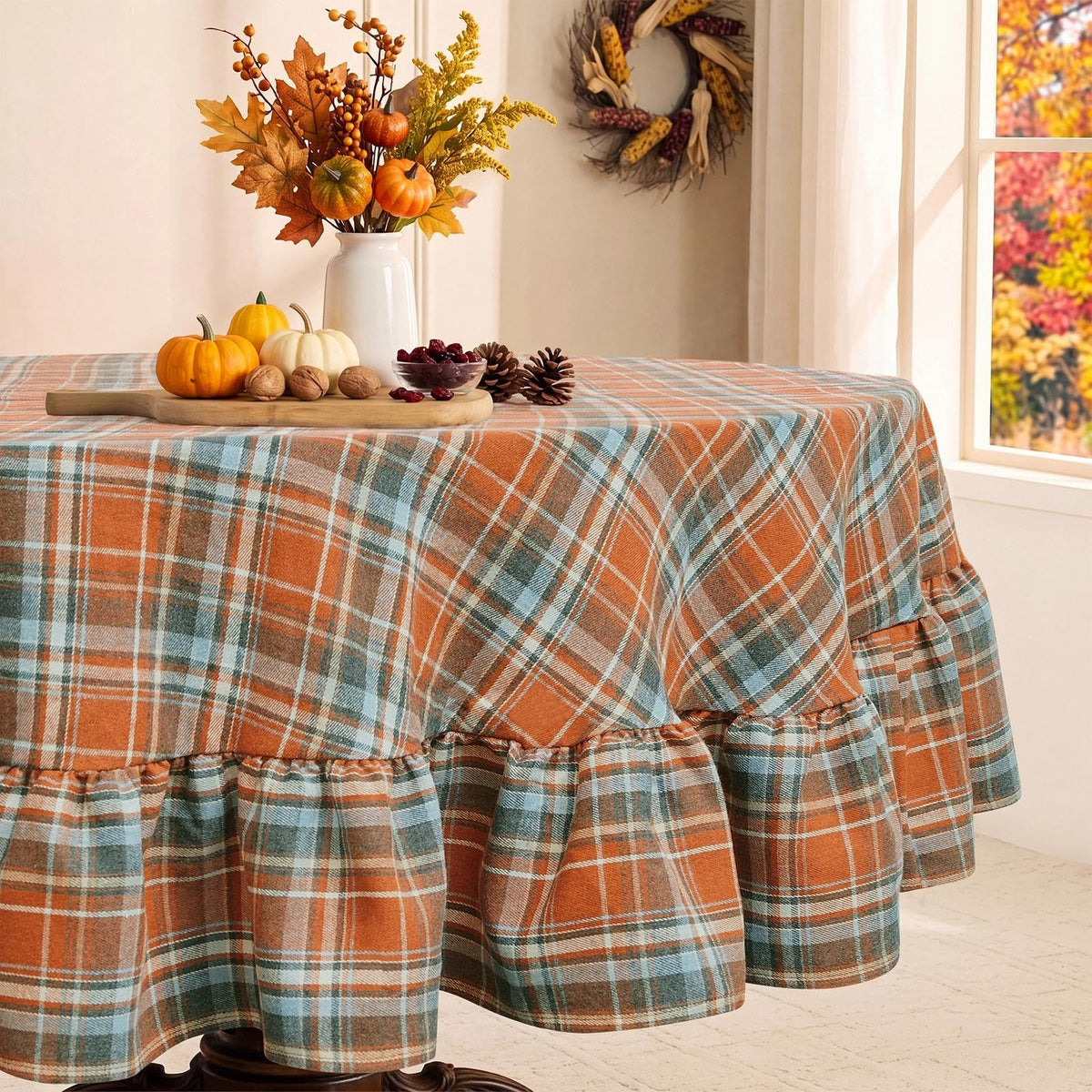 Romanstile Fall Gingham Ruffled Tablecloth Rectangle, 60 x 84 Inch Orange