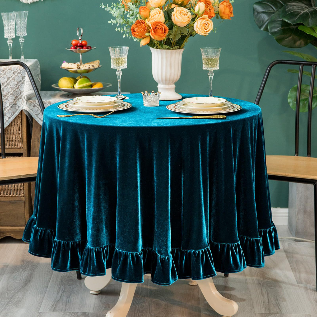 GLORY SEASON Velvet Tablecloth Luxurious Solid Rectangle Table Cloth,Oblong Retro Farmhouse Ruffle Tablecloths Washable Table Cover for Party Wedding Baby Shower Kitchen Dinning Tabletop Decoration