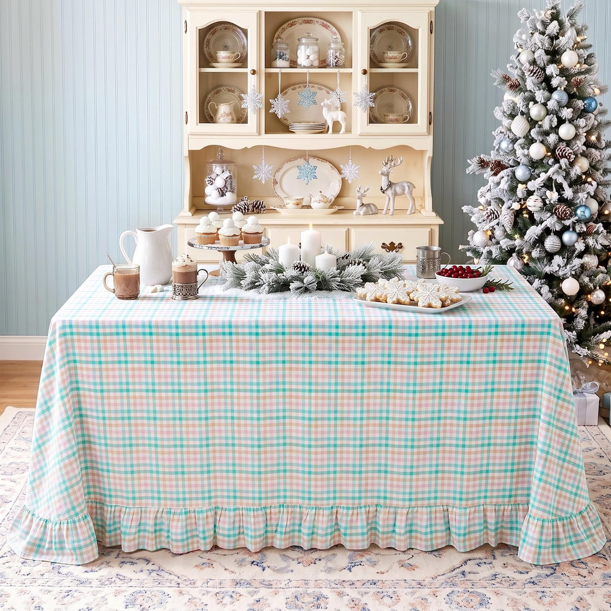 PartyDelight Gingham Ruffle Tablecloth Butter Yellow Washed Cotton Checkered Rectangular Table Cover for Farmhouse Kitchen Cute Cottagecore Birthday Party Decor, Soft Vintage (60x102 Fits 6-9 Seats)