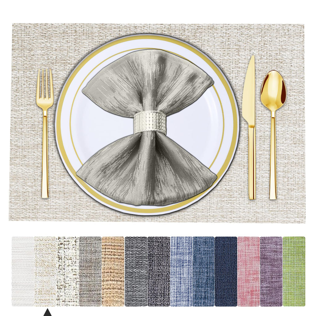 BETEAM Placemats Set of 8, Woven Vinyl Place Mats for Dining Table, Gray